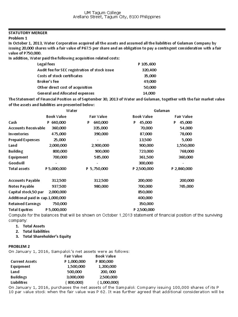 Statutory Merger Problem 1 | PDF | Book Value | Goodwill (Accounting)