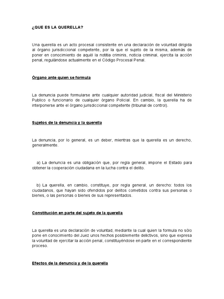 Diferencias entre Querella y Denuncia | PDF | Queja | Procedimiento legal