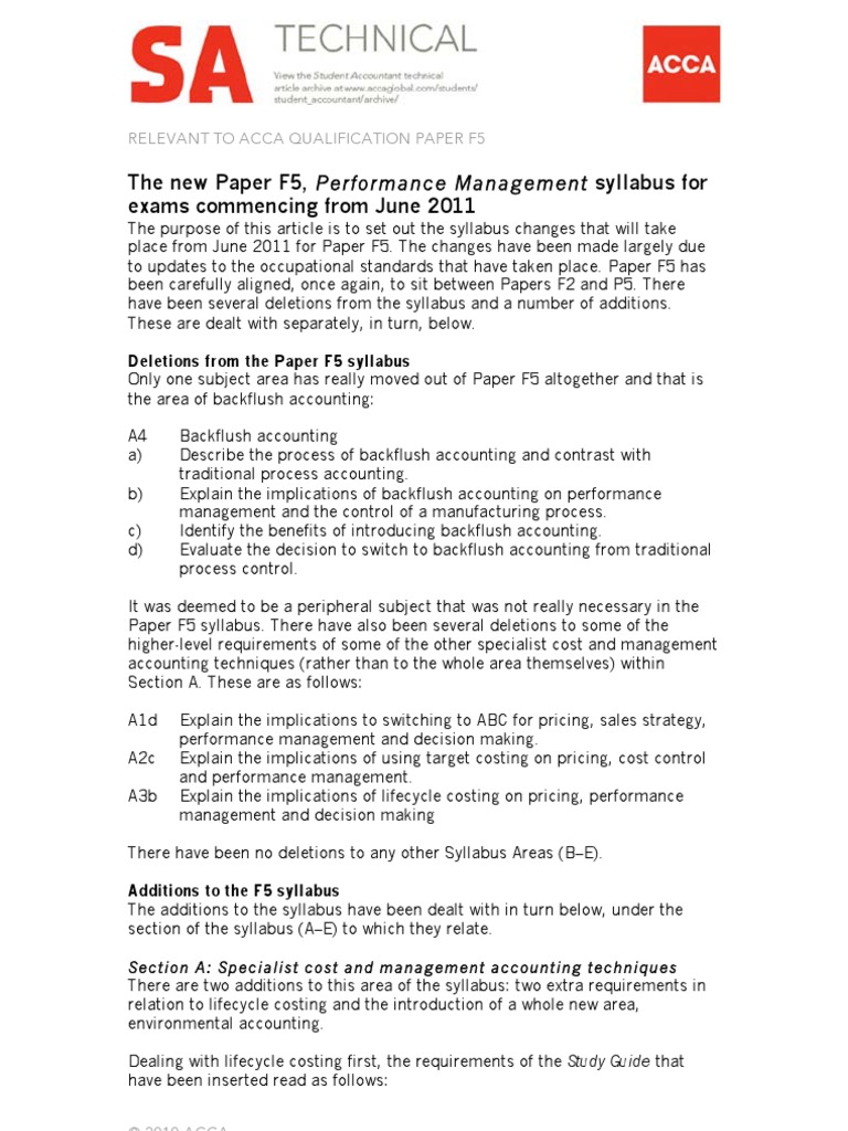 The New Paper F5, Performance Management Syllabus For Exams Commencing ...