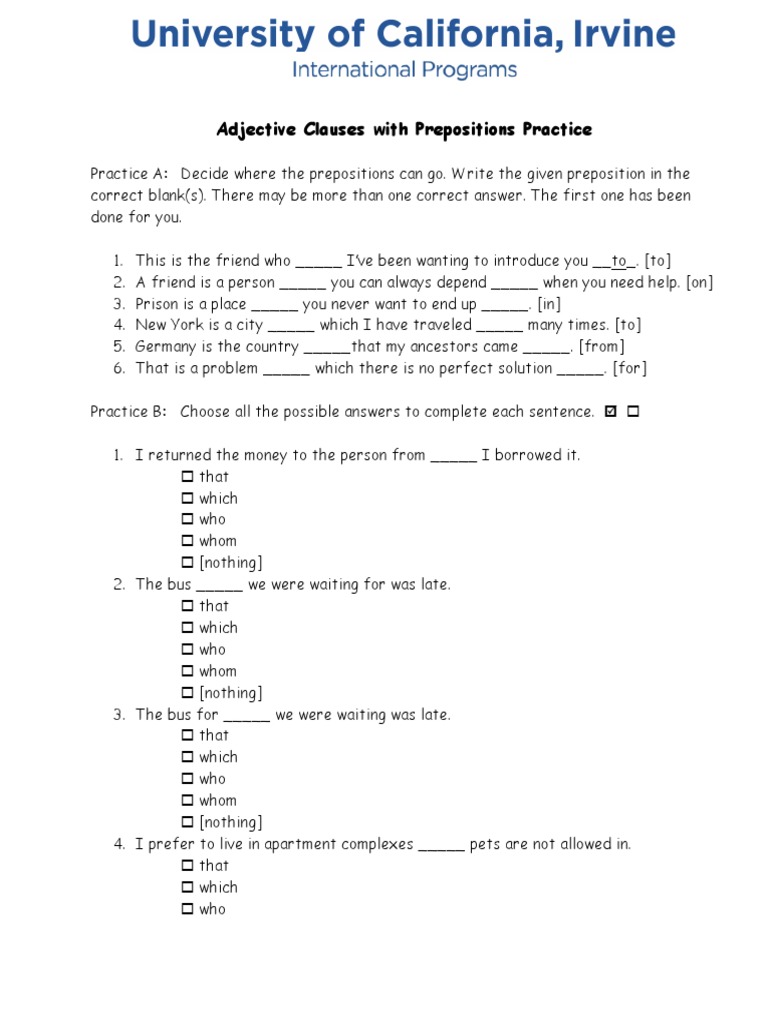 Adjective Clauses with Prepositions Practice | PDF | Language Arts ...