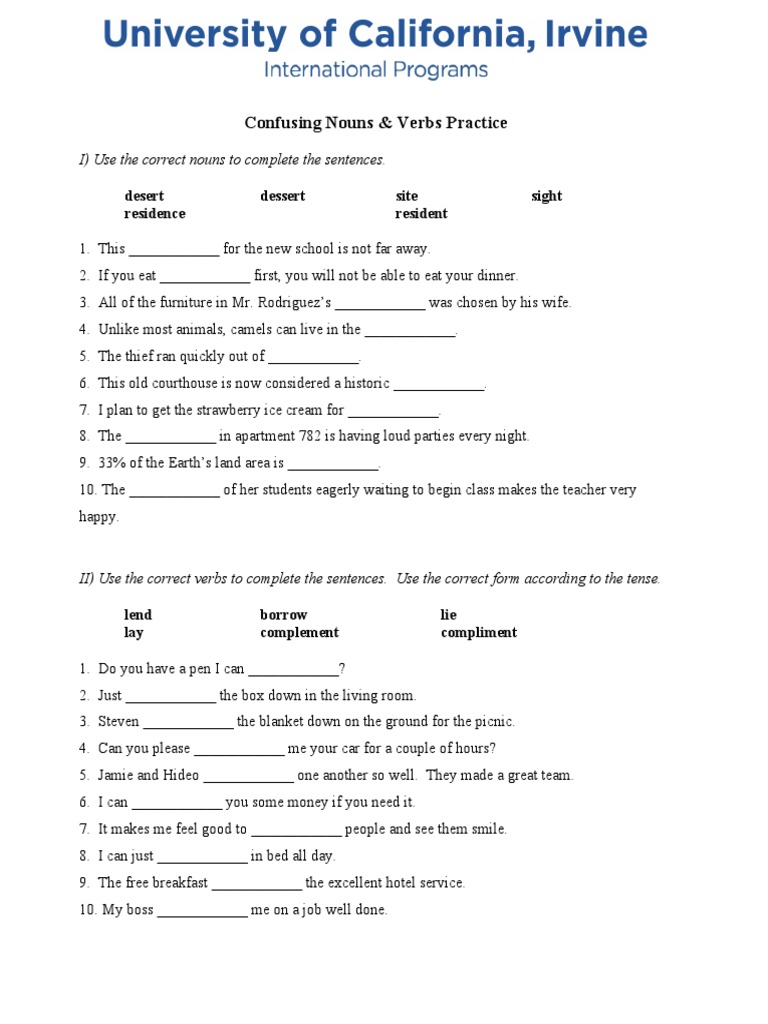 Confusing Nouns & Verbs Practice Desert Dessert Site Sight Residence