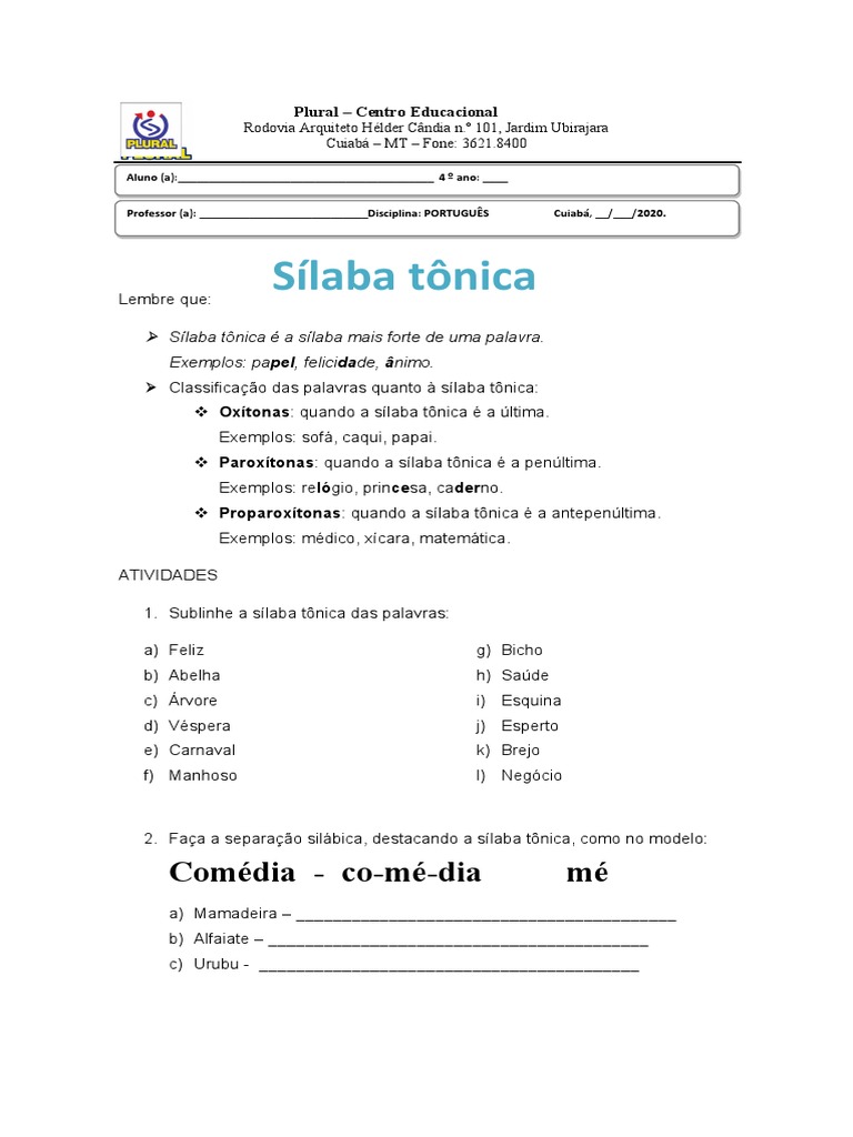 Atividade sobre a sílaba tônica em palavras | PDF | Sílaba | Estresse ...