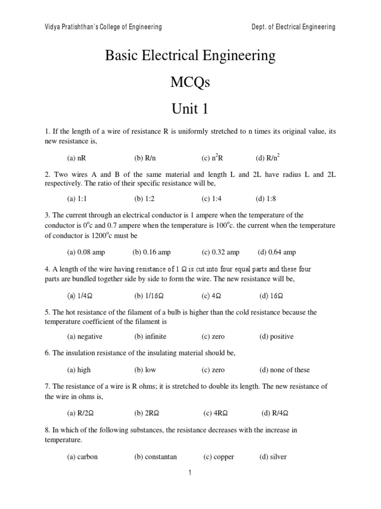 Basic Electrical Engineering Mcqs Unit 1 PDF Inductance Inductor