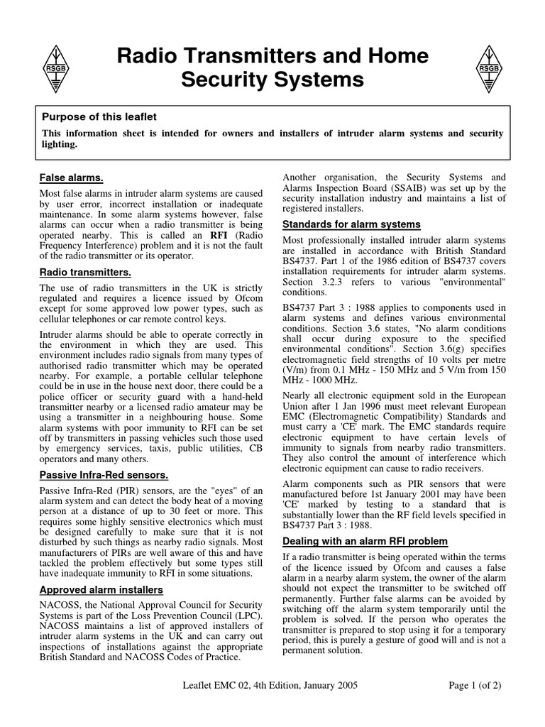 Radio Transmitters and Home Security Systems Purpose of This Leaflet