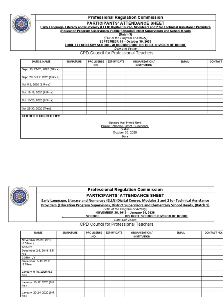 PRC ELLN Digital Course Attendance Sheet | PDF