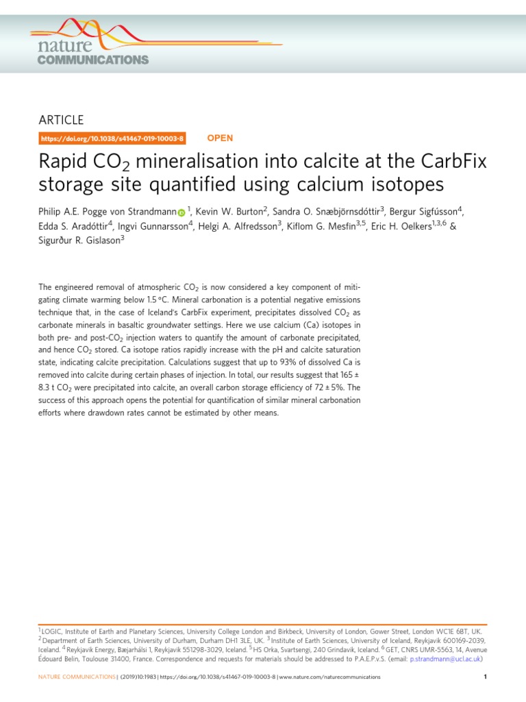 Rapid Co Mineralisation Into Calcite at The Carbfix Storage Site Quanti ...