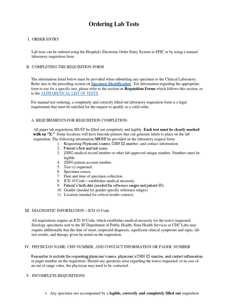 Ordering Lab Tests Alphabetical List of Tests PDF Blood