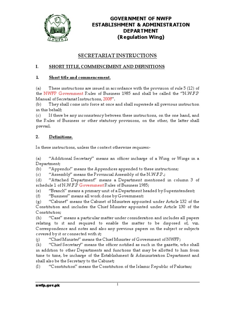 KPK Manual of Secretariat Instructions 2008 PDF Secretary Khyber