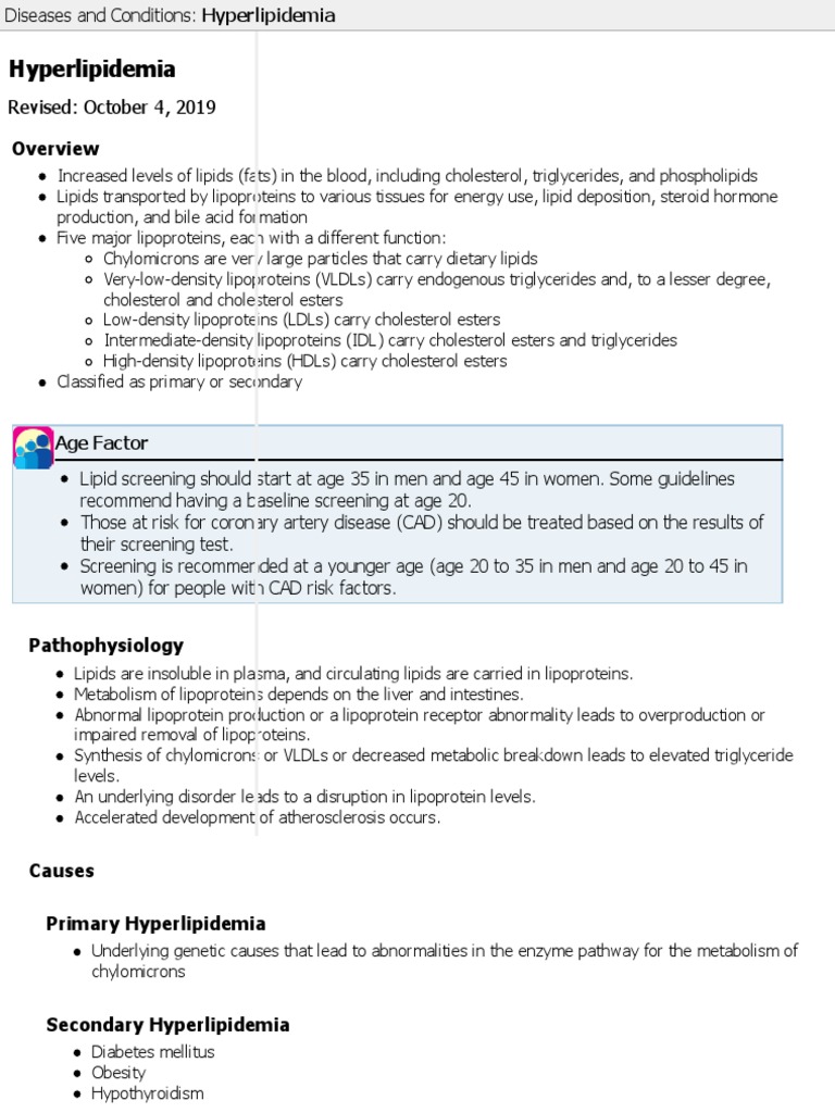 Hyperlipidemia: Revised: October 4, 2019 | PDF | Lipoprotein | Cholesterol