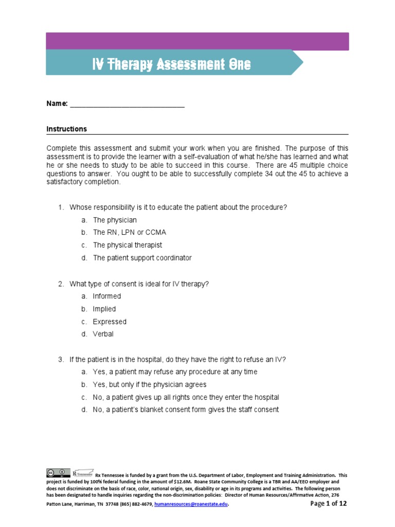 IV Therapy Assessment One IV Therapy Assessment One IV Therapy ...