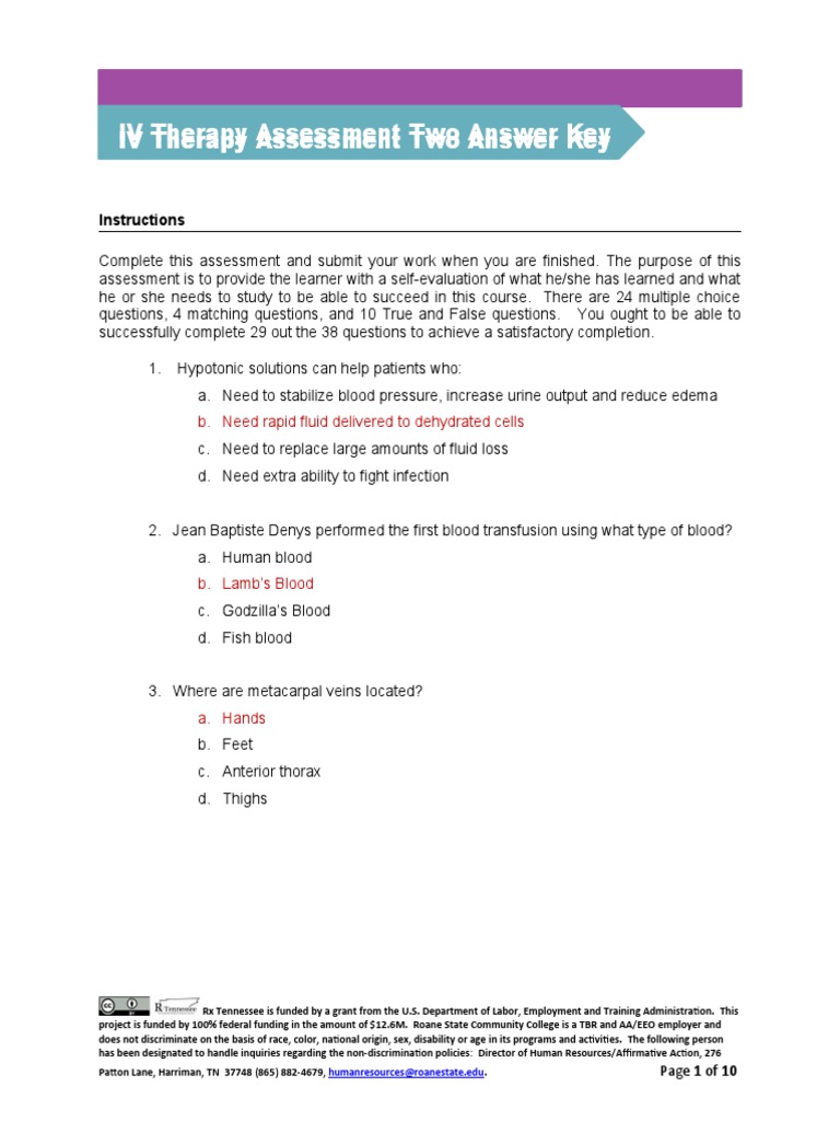 IV Therapy Assessment Guide and Key | PDF | Intravenous Therapy ...