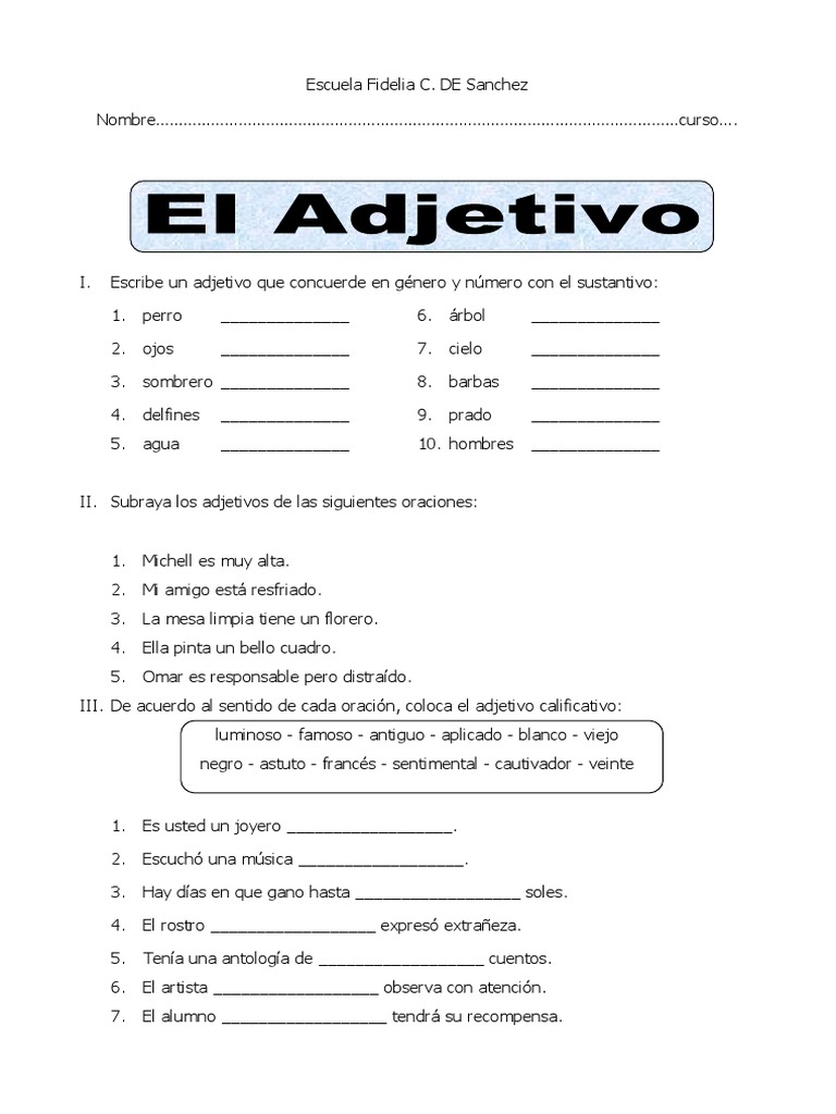 Ficha Adjetivos Ejemplos Para Sexto De Primaria Pdf