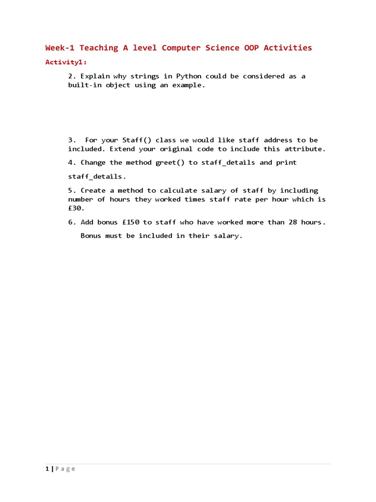 Week-1 Teaching A Level Computer Science OOP Activities: Activity1 ...