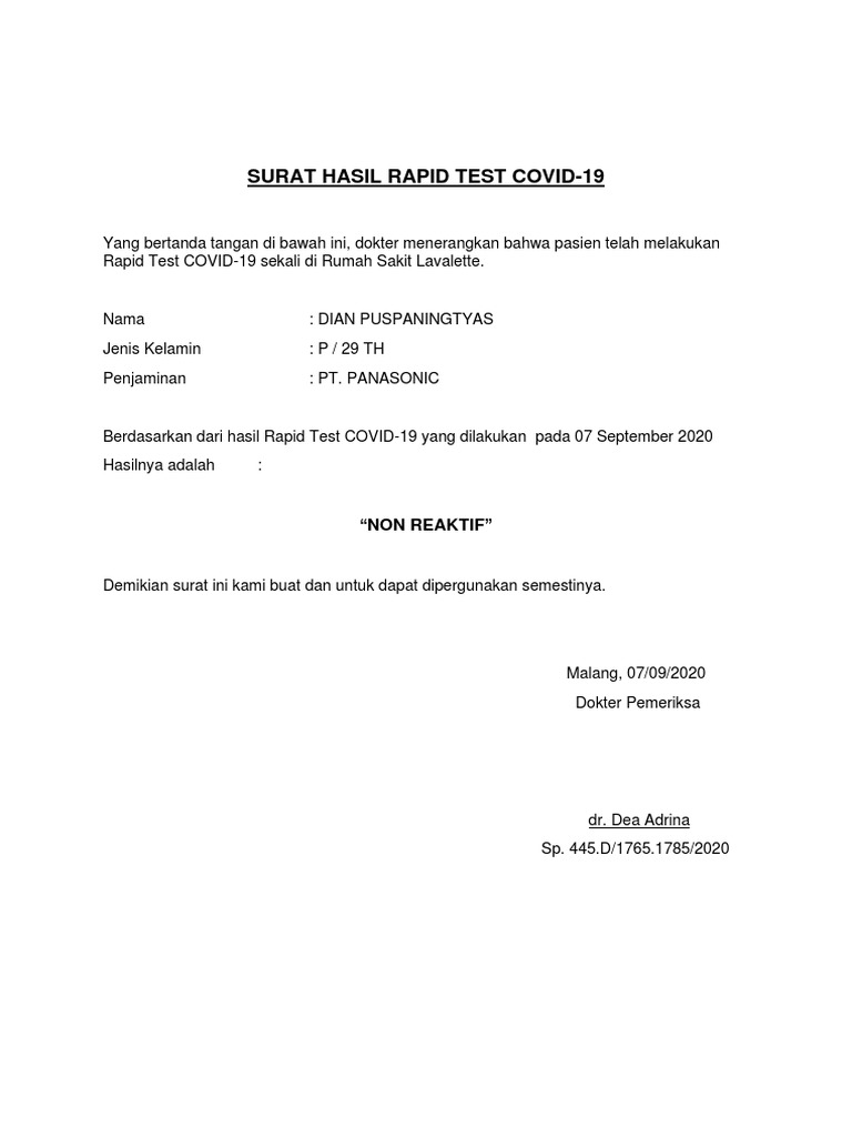 Surat Hasil Rapid Test Covid Pdf