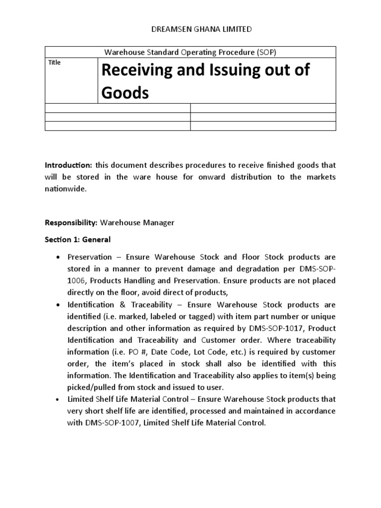 Receiving and Issuing Out of Goods Introduction This Document Describes Procedures To Receive