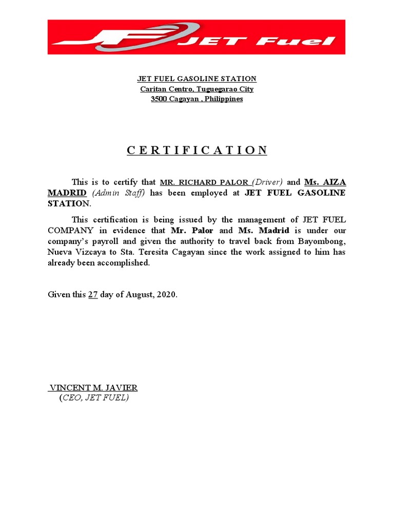 Certification: MADRID (Admin Staff) Has Been Employed at JET FUEL 