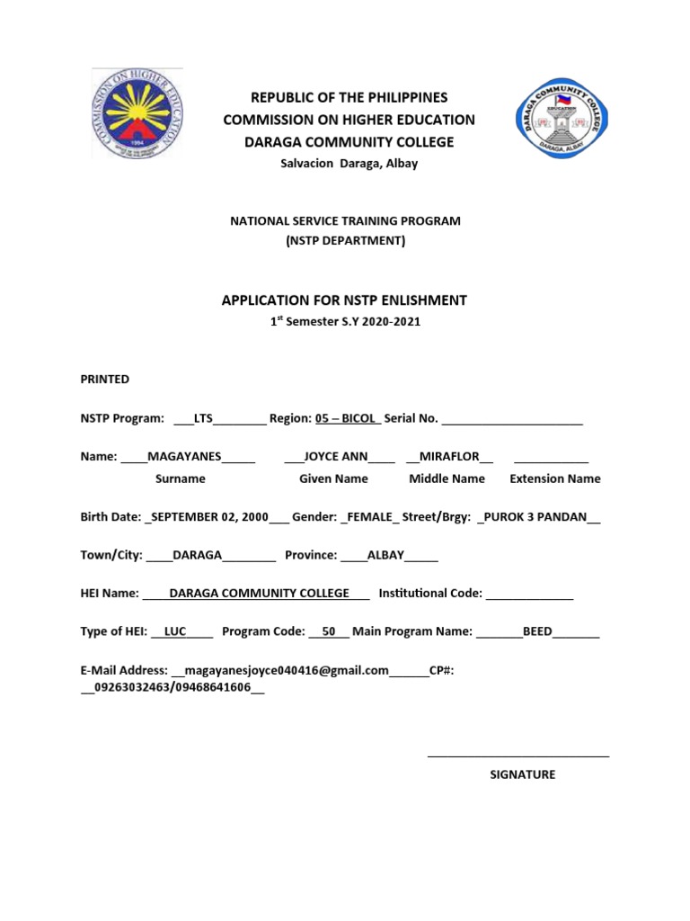 NSTP Application Form 1ST Sem | PDF