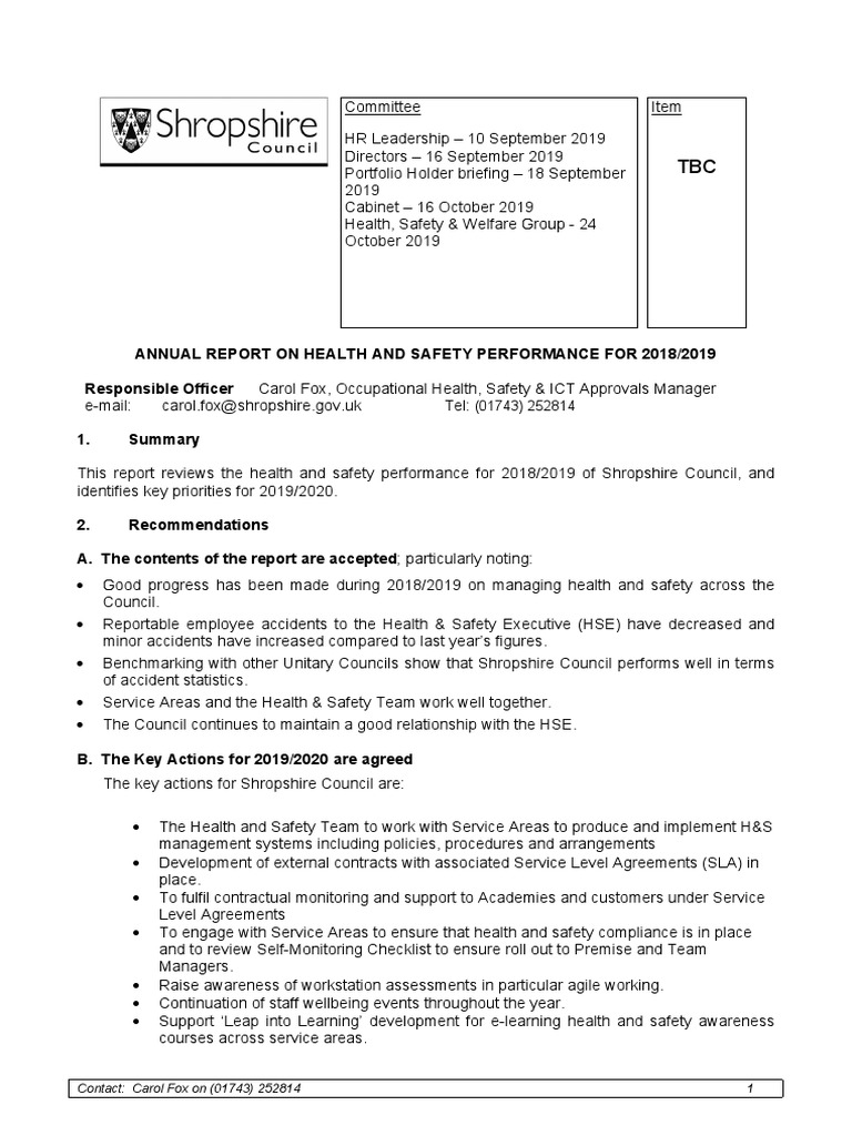 Annual Report On Health and Safety Performance For 2018/2019 ...