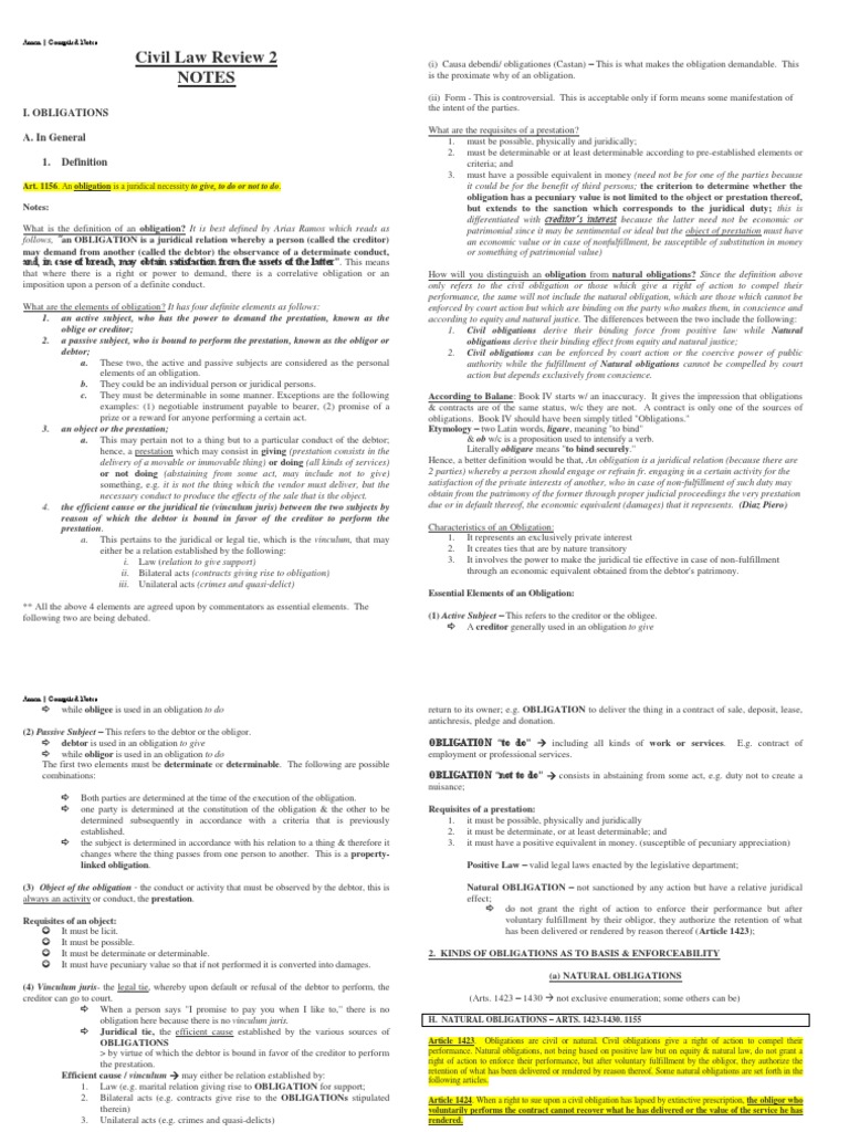 Civil Law Review 2 Notes I. Obligations A. in General 1. Definition
