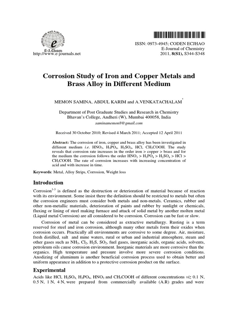 Corrosion Rates of Iron, Copper, Brass | PDF | Corrosion | Metals