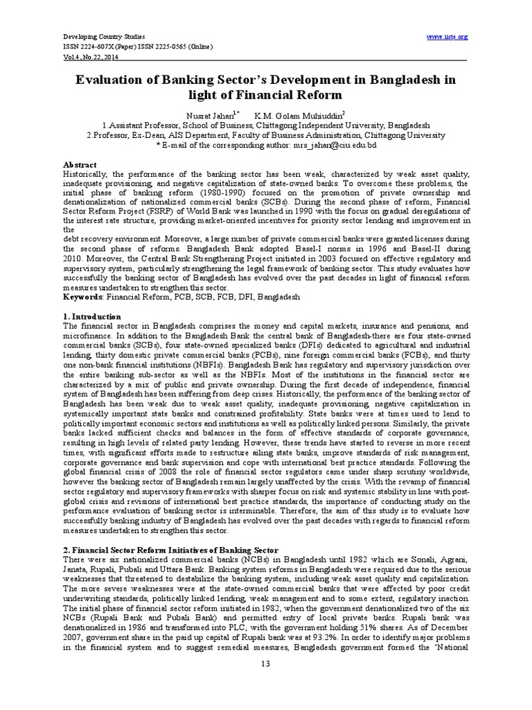 Evaluation of Banking Sector's Development in Bangladesh in Light of ...