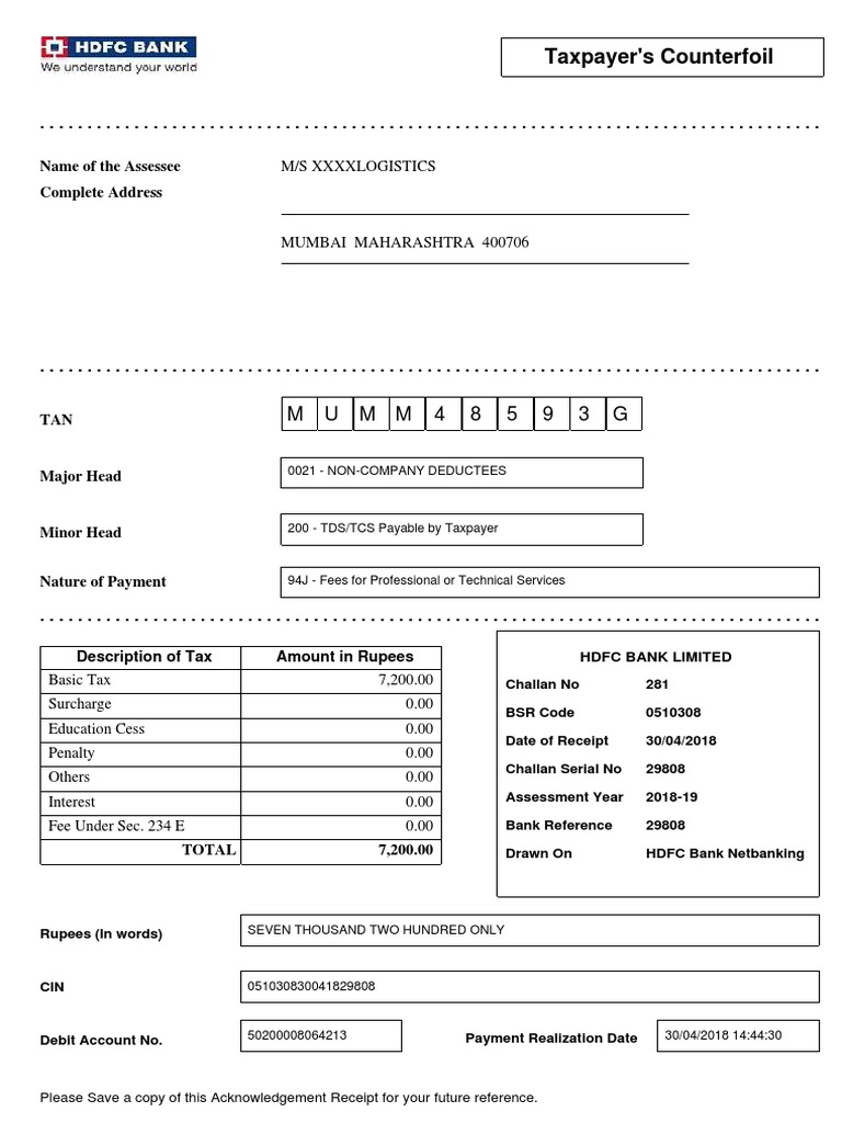 M U M M 4 8 5 9 3 G: Taxpayer's Counterfoil | PDF