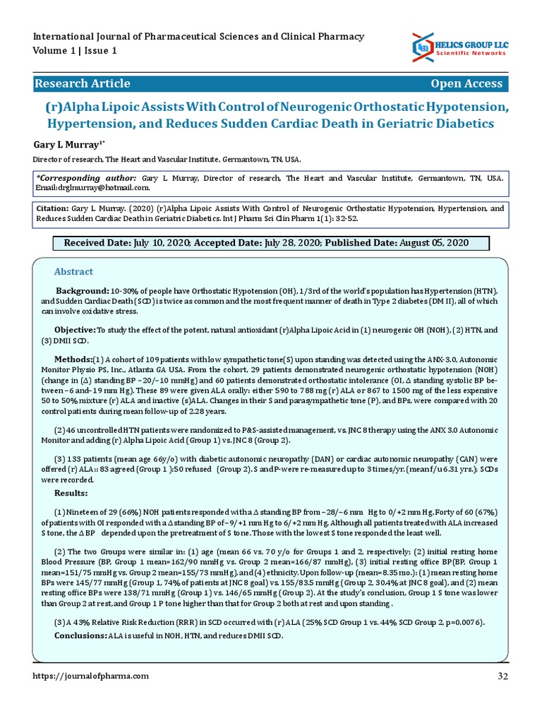 (R) Alpha Lipoic Assists With Control of Neurogenic Orthostatic