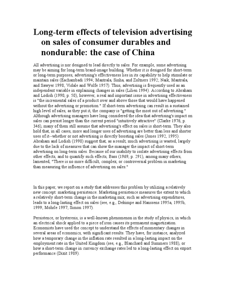 Long-Term Effects of Television Advertising On Sales of Consumer ...