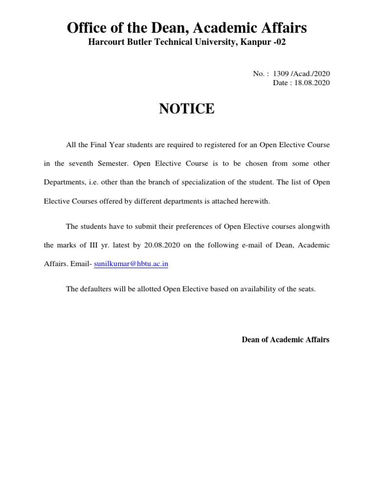 Office of The Dean, Academic Affairs: Notice | PDF | Nature