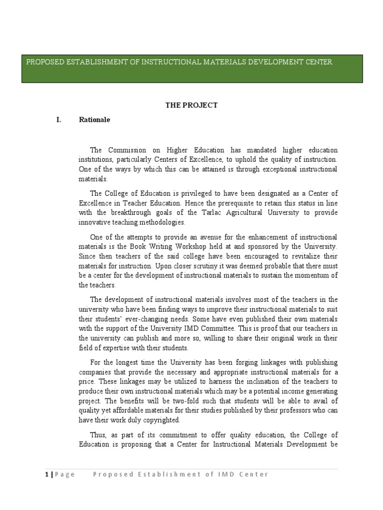 The Project I. Rationale Proposed Establishment of Instructional