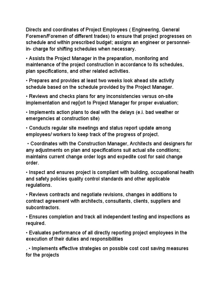 Project in Charge Job Description PDF