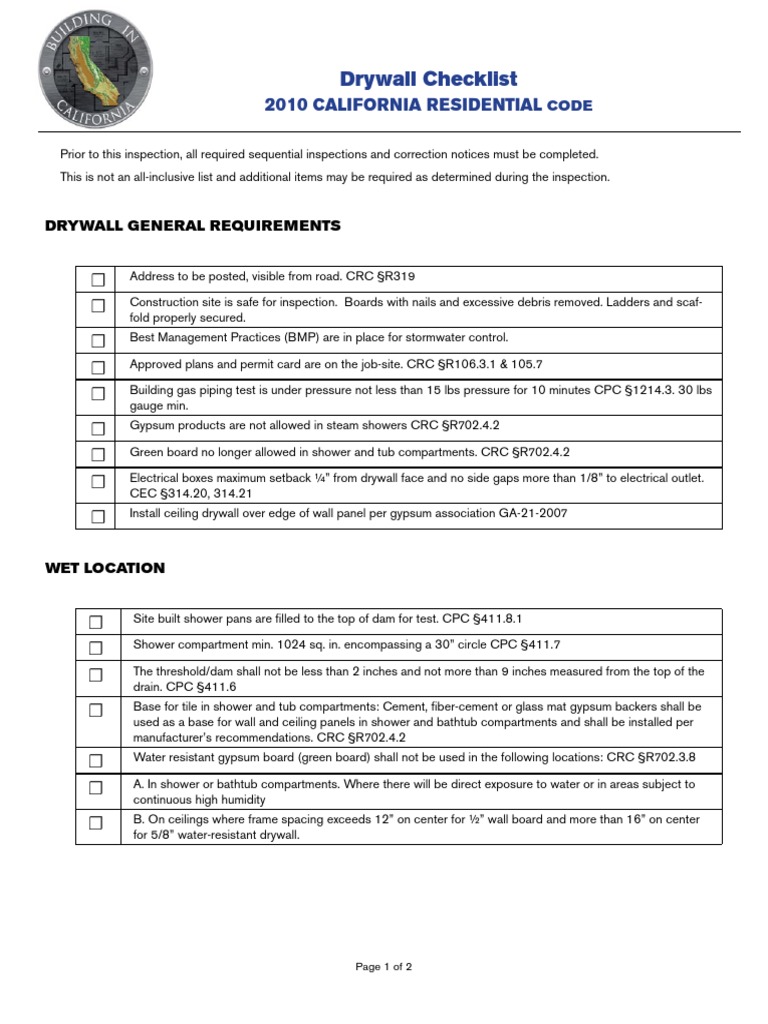 California Drywall Inspection Checklist | PDF | Drywall | Shower