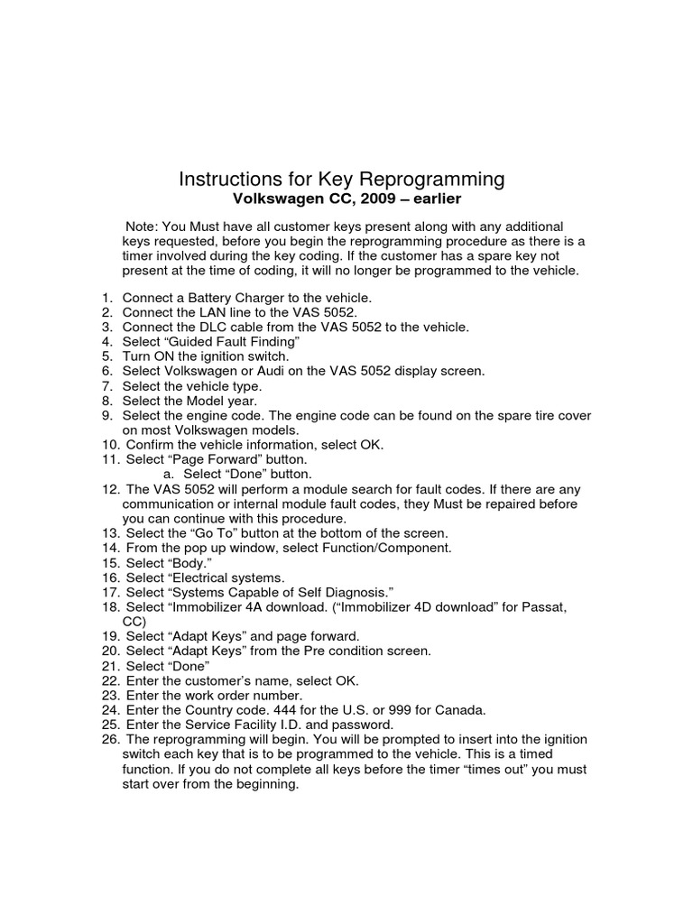 Volkswagen CC Key Reprogramming Instructions 2009 Earlier PDF | PDF