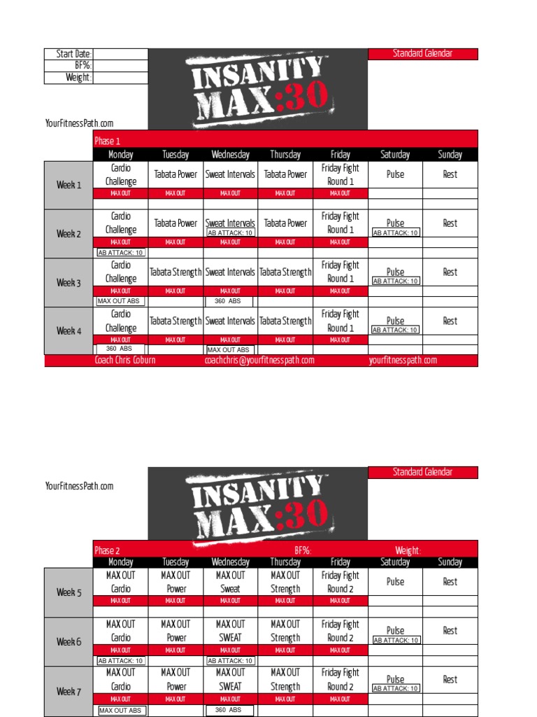 IMPRIMIR Insanity Max 30 Standard Calendar PDF PDF Sports
