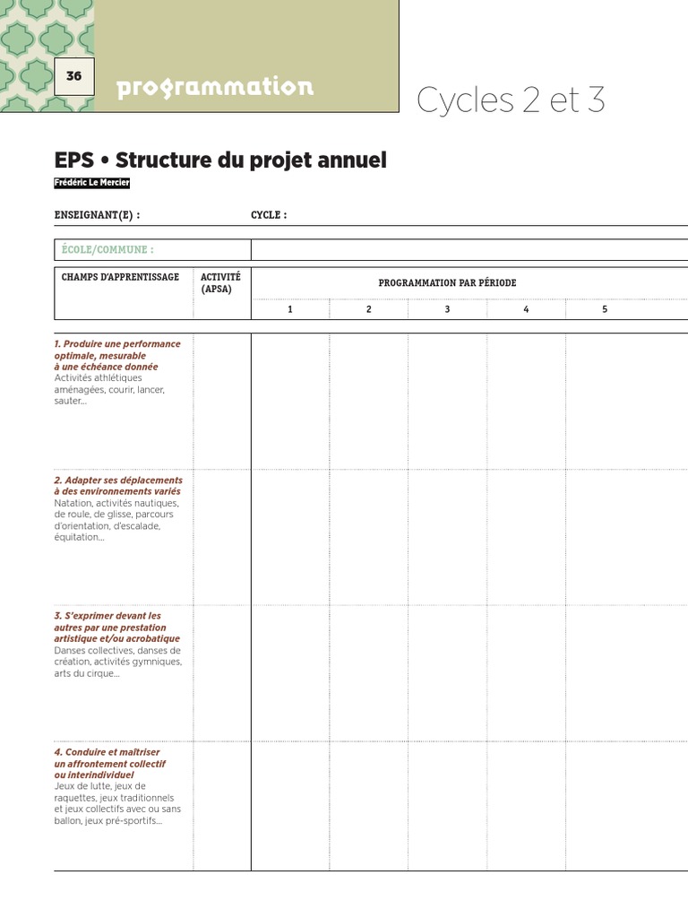 Fiche Pedagogique La Programmation Eps 18 Pour Les Cycles 2 3 Pdf Education Physique Des Sports
