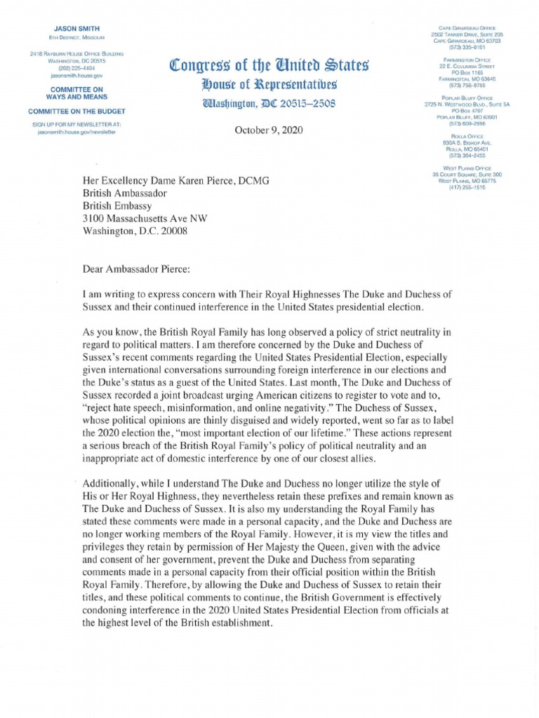 Rep. Smith Letter To British Ambassador | PDF