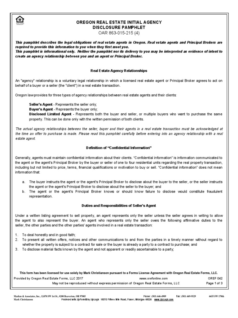 Oregon Real Estate Initial Agency Disclosure Pamphlet OAR 863015215