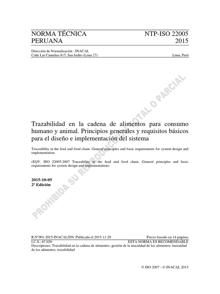 NTP - ISO 22005 - 2015 Trazabilidad de La Cadena de Alimentos | PDF ...