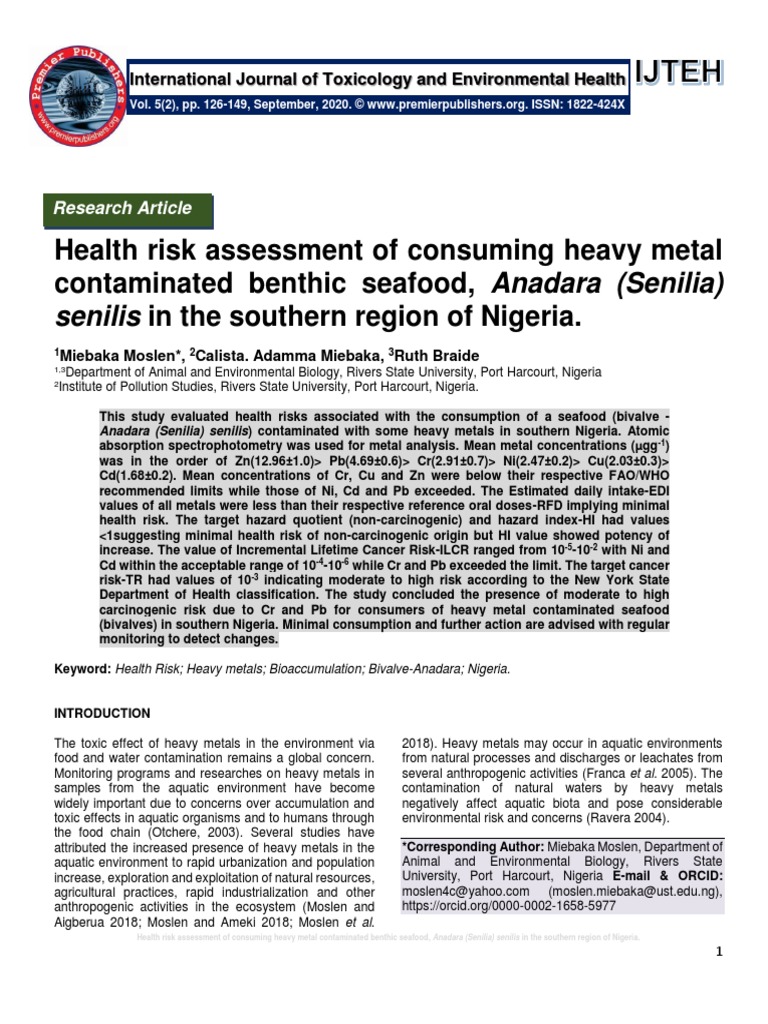 Health Risk Assessment of Consuming Heavy Metal Contaminated Benthic ...