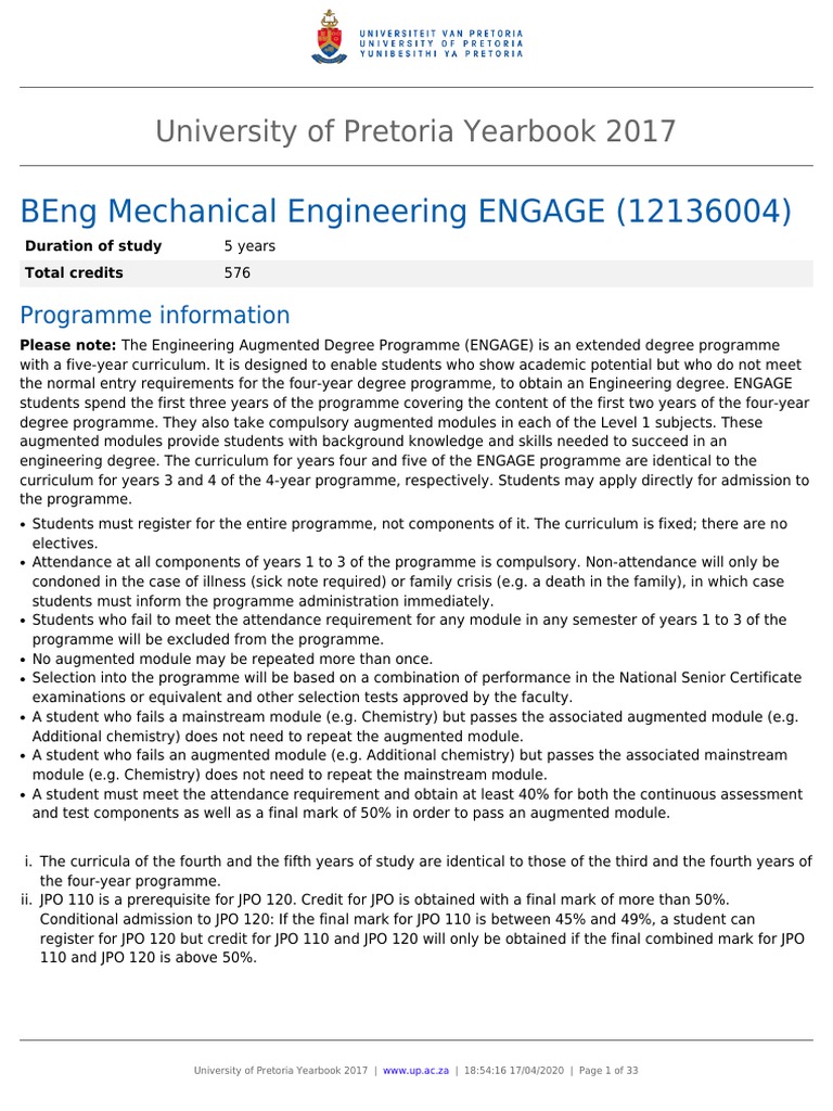 Beng Mechanical Engineering Engage (12136004) University of Pretoria
