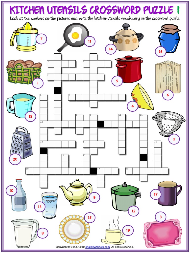 Kitchen Utensils Vocabulary Esl Crossword Puzzle Worksheets For Kids PDF Kitchen Utensil