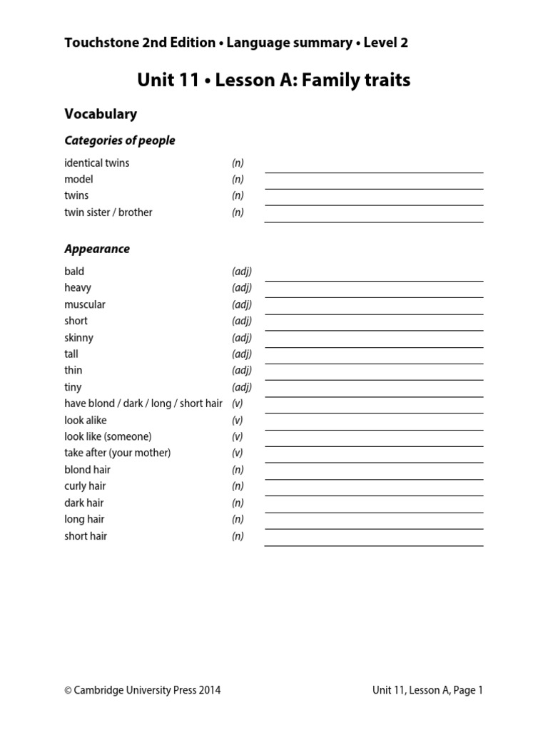 Unit 11 Lesson A Family Traits PDF Human Communication Cognition