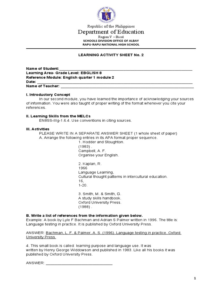 English 8 Learning Activity Sheet 2 | PDF | Books | Learning