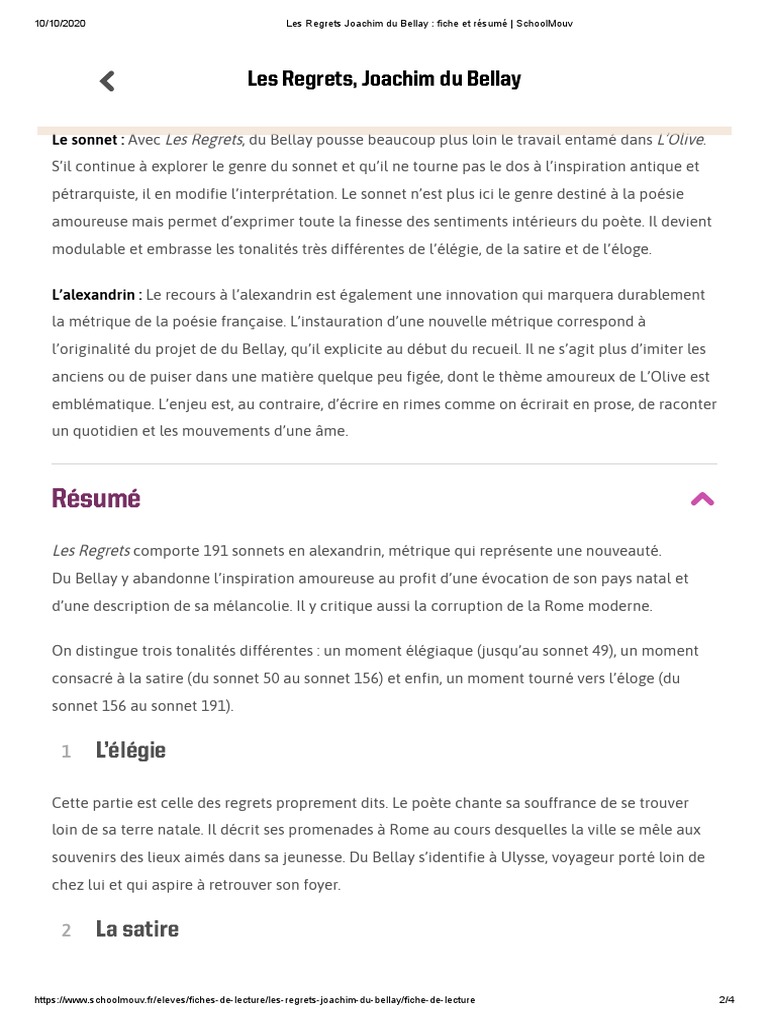 Les Regrets Du Bellay Analyse Sonnet 54 Les Regrets Joachim Du Bellay - Fiche Et Résumé - SchoolMouv PDF | PDF