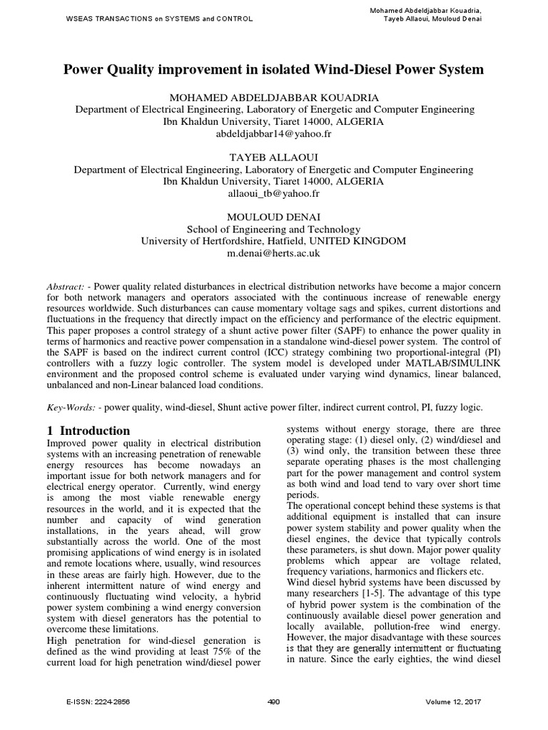 Power Quality in Wind-Diesel Systems | PDF | Fuzzy Logic | Electric ...