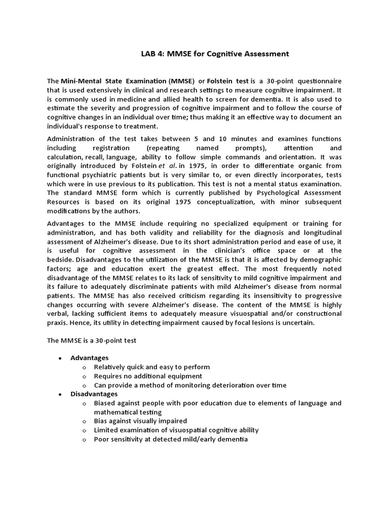 LAB 4: MMSE For Cognitive Assessment: Advantages | PDF | Clinical ...