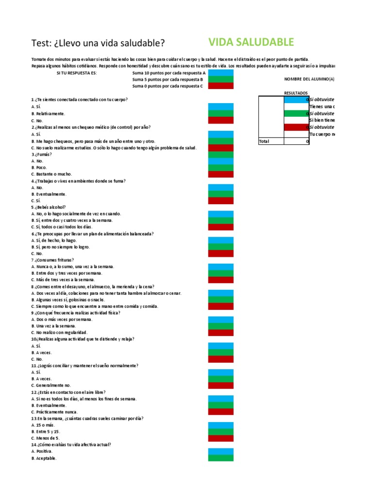 Test de Vida Saludable para Estudiantes | PDF | Salud y bienestar ...