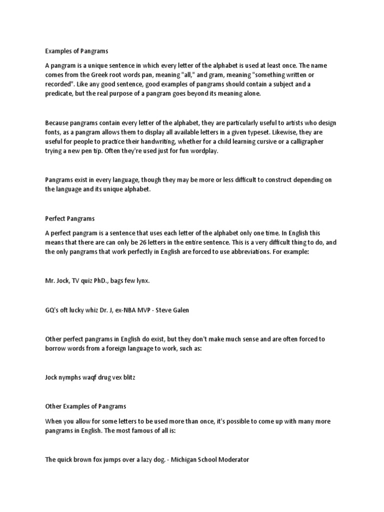 Examples of Pangrams PDF Text Word Play