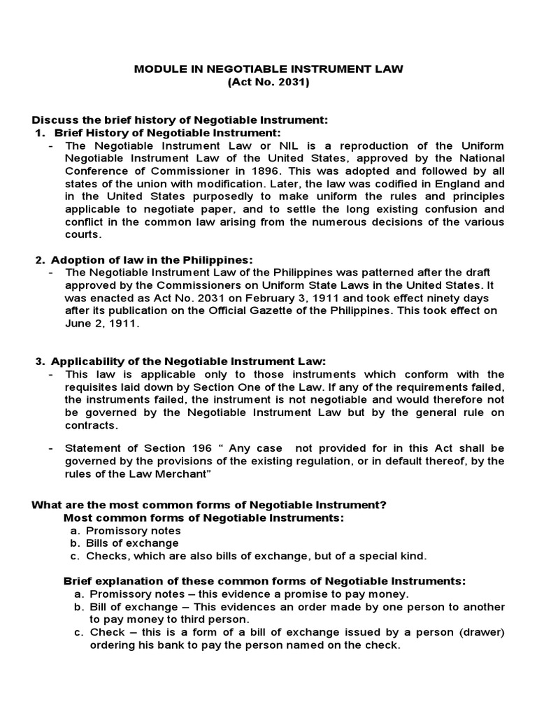 Module In Negotiable Instrument Law Pdf Promissory Note Cheque