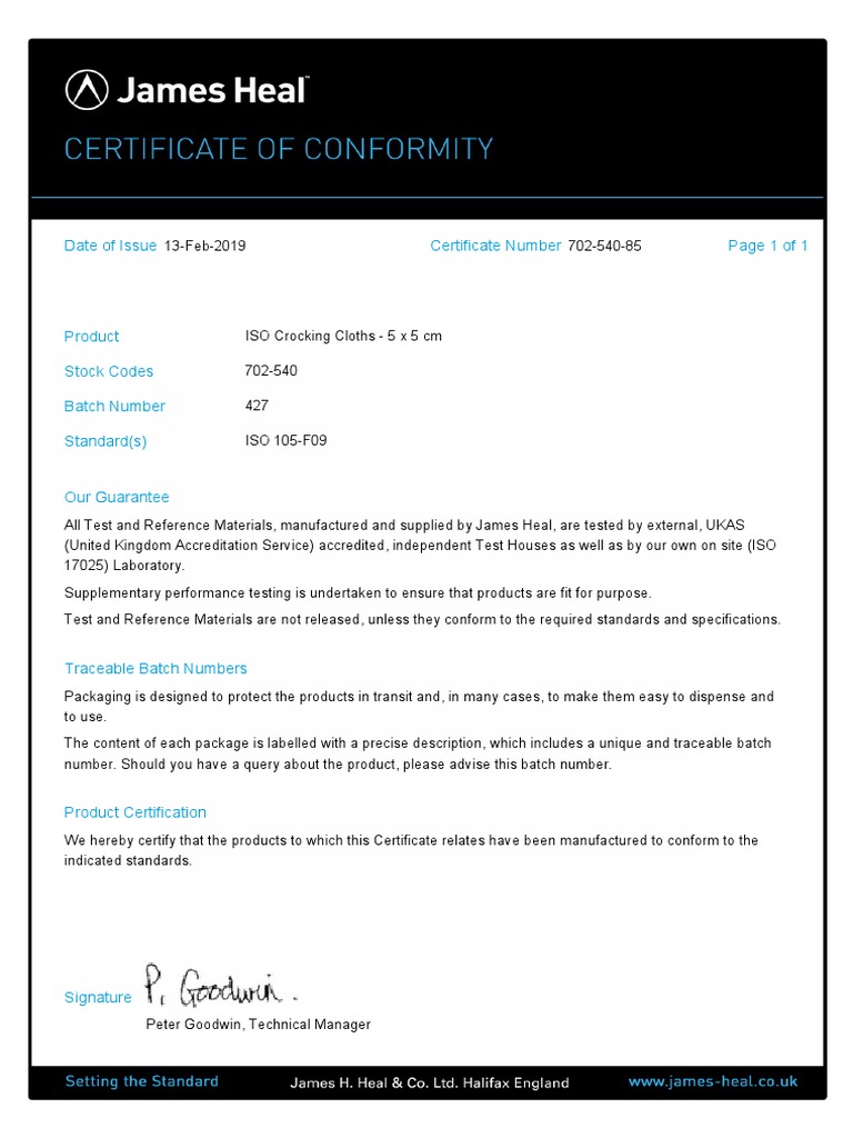 ISO 105-F09 Crocking Cloth Certification | PDF